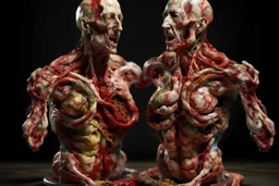 cinematic gore photorealistic fleshy photo of 2 waltzing fleshy torsos, torn twisted, turned inside out, anatomically fragmented, marbled, crackled, ripped apart again being flayed, skinned alive. beating heart, muscles, blood vessels, bowels, entrails are exposed, pieces of loose skin, anatomy and physiology, grotesque Bosch and Dali inspired hallucination, below view photo.