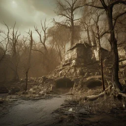 A spooky wasteland 8k, bas-relief, 3d, extraterrestrial, ethereal, eerie, with jagged rocks, swamp