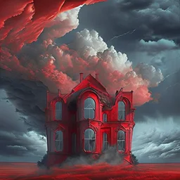 Add more windows to the design. change the sky to a decadent red, storm clouds.