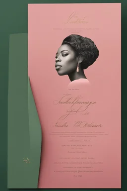 An extremely formal, funeral program written in French for a black woman (include a front photograph of a beautiful biracial black woman) on salmon pink deeply pigmented velvet paper with brilliant, brightest heavy golden greenish calligraphy fonts, simple, minimalistic, less element, very dramatic lighting