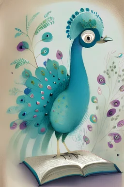 Illustrated children's book page, friendly peacock