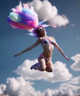 Ultra realistic speed clouds sky scene, wide angle view, sweet women falling down, Childs, feather inflatable color clothing, free jumping flying, many trinkets, hair monster, many jelly beans, balls, color smoke, smile, happy, circus style, extreme, wind, clouds sea, 20,000 feet altitude, stratosphere, soft color, highly detailed, unreal engine 5, ray tracing, RTX, lumen lighting, ultra detail, volumetric lighting, 3d, finely drawn, high definition, high resolution.