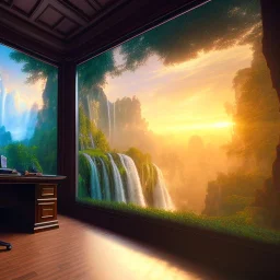 old wood sober house, large desk, parquet, sheet of paper, little pen, office chair in front of a huge picture window with large view on a waterfall with warm light, sunset ,photorealistic, detail, panorama, nature, globe, 8K, Hallelujah mountains, view first person