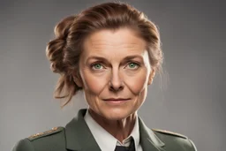 Женщина 40-45 лет с тёплым, но уставшим лицом. Каштановые волосы с проседью, собранные в жёсткий пучок (на службе) или распущенные (дома). Зелёные глаза с острым взглядом, который замечает всё, но смягчается, когда она смотрит на Кристину. Носит практичную одежду – блейзеры, брюки, значок шерифа на лацкане.