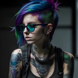 a punk girl with a unique and beautiful appearance, featuring irregularly shaped glasses, visible tattoos, and a striking hairstyle that combines shades of purple, green, and blue. She has a confident pose, embodying the punk aesthetic with edgy and stylish clothing, bold makeup, and distinctive tattoos that capture the essence of punk culture.