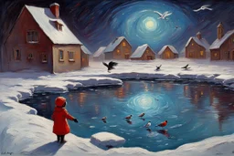 Gems, little puddle, space, person, ice, winter, flying birds, fantasy, otto pippel impressionism painting