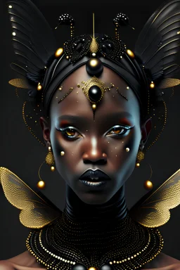 A beautiful vantablack woman portrait with voudore adorned with black ladybug headdress and earrings ribbed with black obsidian and white pearls wings metallic golden filigree organic bio spinal ribbed detail of vantablack background extremely detailed hyperrealistic maximálist concept att