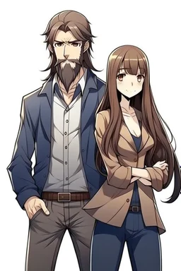 Anime man with beard, handsome. Standing with Beautiful anime woman