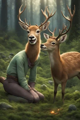 Fiona and Deery the deer find themselves overcome by a fit of uncontrollable laughter. The hallucinatory effects of the Twilight Caps have turned even the simplest joys into a source of pure delight.