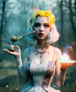 Ultra realistic wonderland photo, happy blonde Alice smoking a pipe, blue dress, white rabbit pet, circus dress style, old school tattoo, smoke, marijuana garden, glow eyes, perfect iris, soft color, highly detailed, unreal engine 5, ray tracing, RTX, lumen lighting, ultra detail, volumetric lighting, high definition.