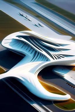 Vista aérea aeropuerto arquitectura minimalista estilo Zaha Hadid calidad ultra 3D