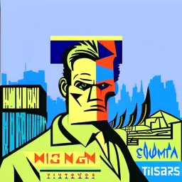 very angry working factory man, picasso style, art deco cd cover, KEBAB BROTHERS font on top