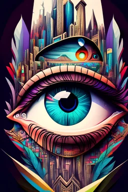 A full details colorful eye in the middle of the Ethereum logo. There is a city in the upper part of the eye. In the lower part of the eye of a jungle. cartoon style