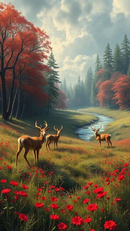 Bosch painting style nightmare , 3D , dears in the vally of fields of red flowers and river stream trees in the background, high Quality picture , 8k