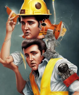 Elvis playing guitar in a hardhat and overalls