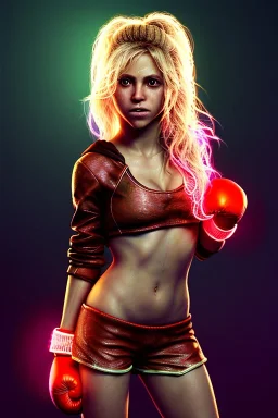 portrait, Shakira, blonde artist, angry, Realistic image, boxing robe, hoodie dress. loose long hair, eyes make up, perfect, glow, circle iris. Neon colors, leds, geometric shapes. Dark background, photo studio, neon lights. Mad max, concept art, smooth, unreal engine 5, god lights, ray tracing, RTX, lumen lighting, ultra detail, volumetric lighting, 3d, finely drawn, high definition, 4k.