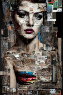 Ultra detailed medium portrait painting of a half naked woman sitting on a chair, no nudity, bended over, dark room with little light coming from an open door behind her, torn up collage of clippings, broken circuitry background, matrix effects, punk visual art, punk art aesthetic, graffiti art, pop surrealism, collage art, cluttered paint glitches