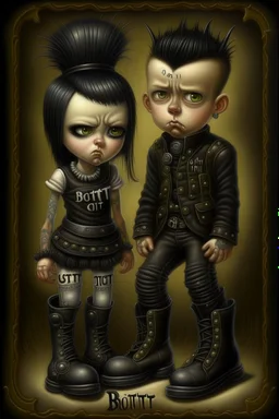 young goth girl and boy, dressed in gothpunk clothing and boots, sign reads "GOTHFEST", by naoto hattori