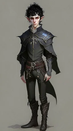 boy elf,he has curly, black hair and sharp cheekbones. His eyes are black. He wears fantasy medieval clothes. he is lean and tall, with pale skin, full body with boots, side view full body side body