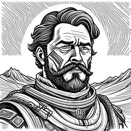 Engraving of a futuristic desert warrior with a moustache and beard.