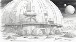 sketch drawing of tranquility base colony on the moon, sci fi futristic dome structure with oxygen tank and farms. moon base.