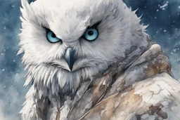 ink wash and watercolor illustration of a whimsical hybrid Snowy Owl girl with highly detailed feathers and facial features in the comic book style of Bill Sienkiewicz and Jean Giraud Moebius, with a fine art aesthetic, highly detailed , 4k UHD cinegraphic quality