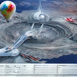 spaceport in the desert for hot air baloons with gas stations lots of gas stations and shipwrecks sailship wrecks and cargo churches and containers with fleemarkets and scavengers lots of logos and advertisement spaceshuttels in icebergs oasis desert sahara with rooftop lounges and casino