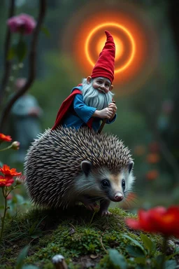 depth of field, aura with halo, close up on blue and red clothed gnome riding hedgehog opossum with lance in garden of eden in the style of Escher and Giger