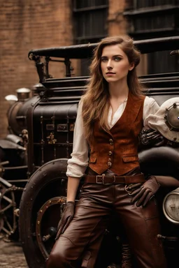 young woman with straight shoulder-length hair, dressed in brown leather trousers and waistcoat, leather gloves in an old industrial courtyard, next to a steampunk steam car on a summers day