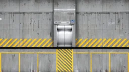wall design for parking garage, concrete, yellow marking lines, hazard lines, weathering and water stains, realistic elevator doors in middle. a sign is above the elevator doors. rough painted hashmarks and parking lines