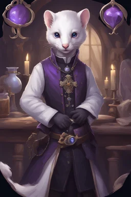 (anthropomorphic white ferret),dressed in ((cleric fantasy)) black and purple clothes with silver holy ornaments, realistic anatomy, fantasy tavern on background, mage and holy symbols around, serious face, hold holy symbol, tired face, in the style of LOISH, look at the vivewer, blue eyes, cute face