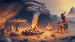 Paleolithic landscape with man and fire cooking food