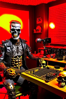 A fire starts in a radio studio, a Terminator T800 drums, a radio host of a hard rock show plays guitar, the host wears a gas mask and a black Iron Maiden shirt.