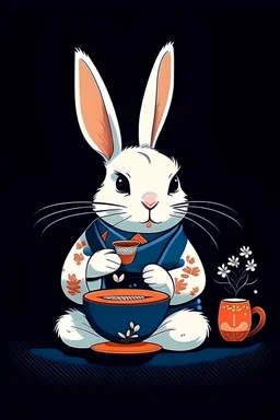 a humain rabbit in japanese style drinking a coffee, with a night background