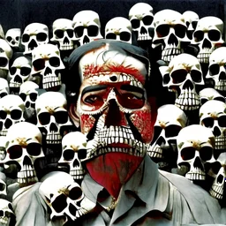 Saddam and George Bush surrounded by skulls