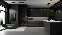 Modern interior design of apartment, kitchen, empty living room with black wall, panorama.