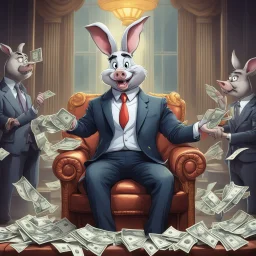 rich pig in suit on a throne making stacks of money by making a deal with a buisnessman. bugs bunny making sick beats in a background as he is known musician