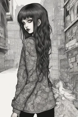 create a disturbing full body portrait horror illustration of a dark haired, savage, gothpunk vampire girl with highly detailed , sharply defined hair and facial features, in a dark, otherworldly London in the manga style of Junji Ito, precisely drawn, inked, with dramatic edges,