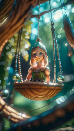 close up face portrait of hippie yoga elf princess on a swing inside a boat crystal ball hanging from a tree in the mountain , shot on Hasselblad h6d-400c, zeiss prime lens, bokeh like f/0.8, tilt-shift lens 8k, high detail, smooth render, down-light, unreal engine, prize winning