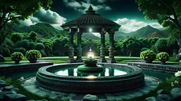 podium for meditation , A circular podium for meditation, in front of which there is a pool full of water. In the garden my mind bows . meditation . ancient collonades for meditation palace built in the jungle , mountains. space color is dark , where you can see the fire and smell the smoke, galaxy, space, cosmos, panorama. Background: An otherworldly planet, bathed in the cold glow of distant stars. Fantasy gate floating in the universe