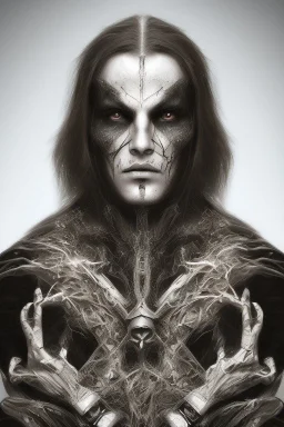 Symmetric portrait of a man with black metal facepaint