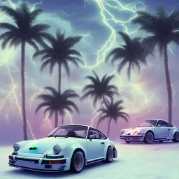 1980's aesthetic vaporwave palm trees with porsche in the winter snow with lightning