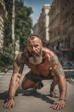 viril strong beefy mature russian man sunbathing, sitted on an empty street, 41 years old, dirty tank top, tattoo, bullneck, hands behind the neck, ripped dirty shorts, manly chest, very hairy, short beard, big shoulders, relaxed, photorealistic, well defined facial features, half figure photography, view angle from the ground