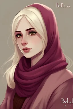 , a girl, blonde, wearing a hijab, signed with the name Bella, wine colours