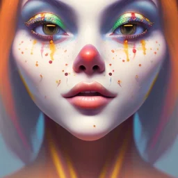 clown girl,beautiful real skin, symmetrical, soft lighting, ultra detailed face, concept art, digital painting, looking into camera, octane render, art by artstation