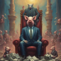 rich pig in suit on a throne making stacks of money by making a deal with a buisnessman. background of musicians. Payday payday. beksinski style.