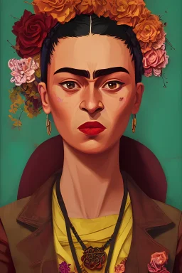 Frida Kahlo , an abstract painting of rusted metal and flowers, afro portrait, rust, scaffolding, iron cladding, decay, mixed media, textured, anatomically correct, beautiful perfect face, sharp focus, highly detailed