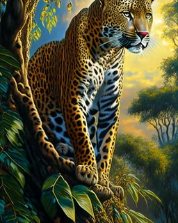 Leopardo en la Selva cuerpo completo árboles detallados elegante obra de arte colores contrastantes pintura al óleo detallada hiperdetallada impactante intrincada sombra realista iluminación cinematografica 8k cielo soleado nubes coherente cuerpo completo