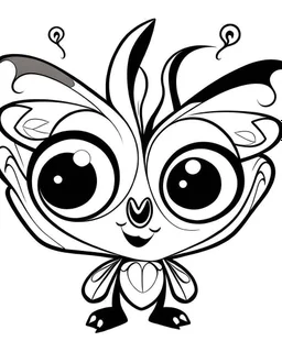 Cute butterflies, big cute eyes, pixar style, simple outline and shapes, coloring page black and white comic book flat vector, white background