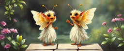 two totally symmetric fluffy angel gremlin slug ant nice cheerleader singing on bridge in garden , full body portrait T-pose strong aura, oil painting and air brush